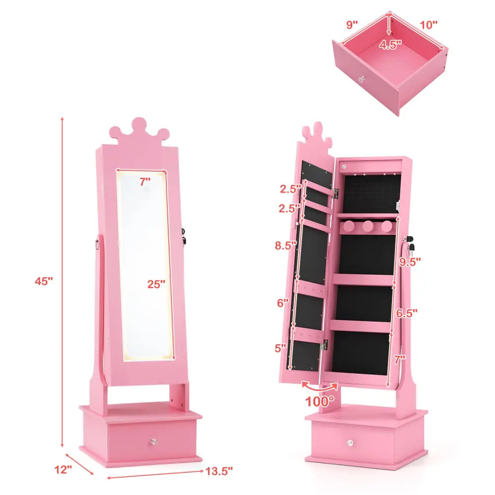 Kids Jewelry Armoire with 3-Color Lighted Full Length Mirror and Inside Led Lights-Pink - Pink - Kids Vanities