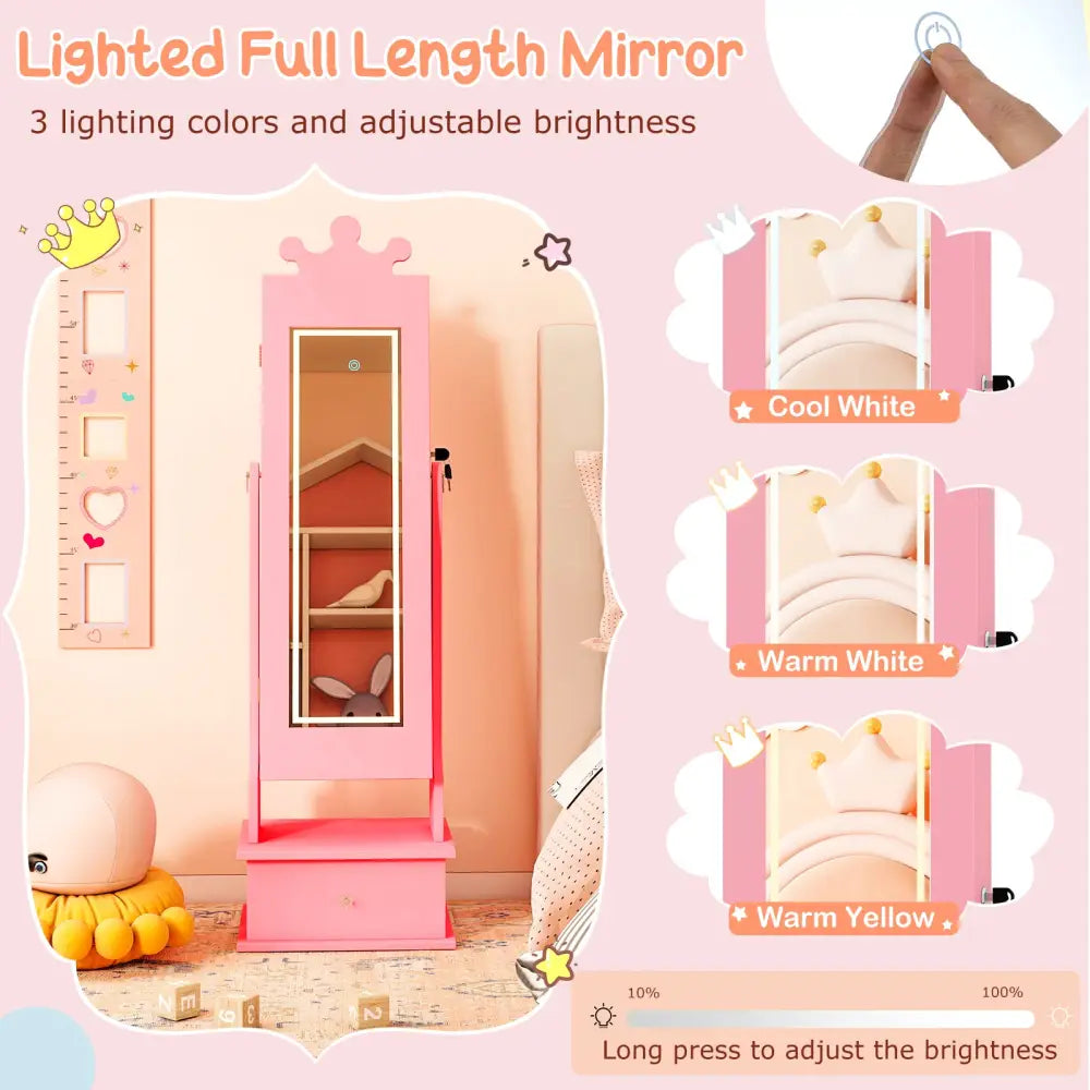 Kids Jewelry Armoire with 3-Color Lighted Full Length Mirror and Inside Led Lights-Pink - Pink - Kids Vanities