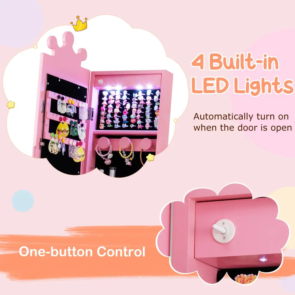 Kids Jewelry Armoire with 3-Color Lighted Full Length Mirror and Inside Led Lights-Pink - Pink - Kids Vanities