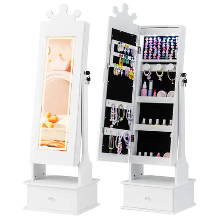 Kids Jewelry Armoire with 3-Color Lighted Full Length Mirror and Inside Led Lights-White - White - Kids Vanities