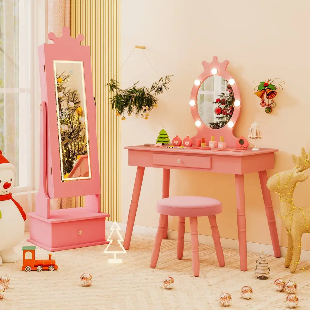 Kids Jewelry Armoire with 3-Color Lighted Full Length Mirror and Inside Led Lights-Pink - Pink - Kids Vanities