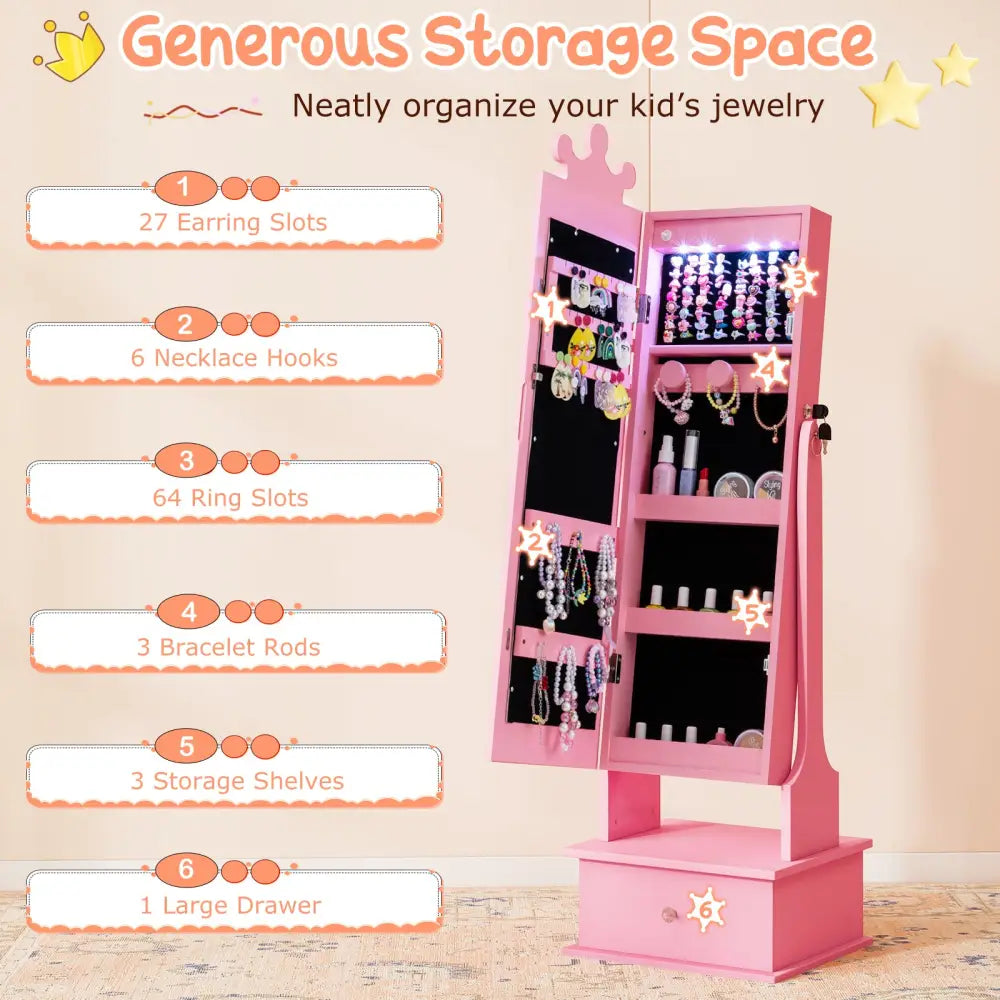 Kids Jewelry Armoire with 3-Color Lighted Full Length Mirror and Inside Led Lights-Pink - Pink - Kids Vanities