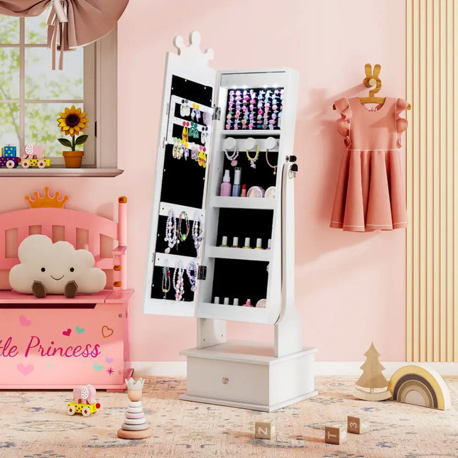Kids Jewelry Armoire with 3-Color Lighted Full Length Mirror and Inside Led Lights-White - White - Kids Vanities