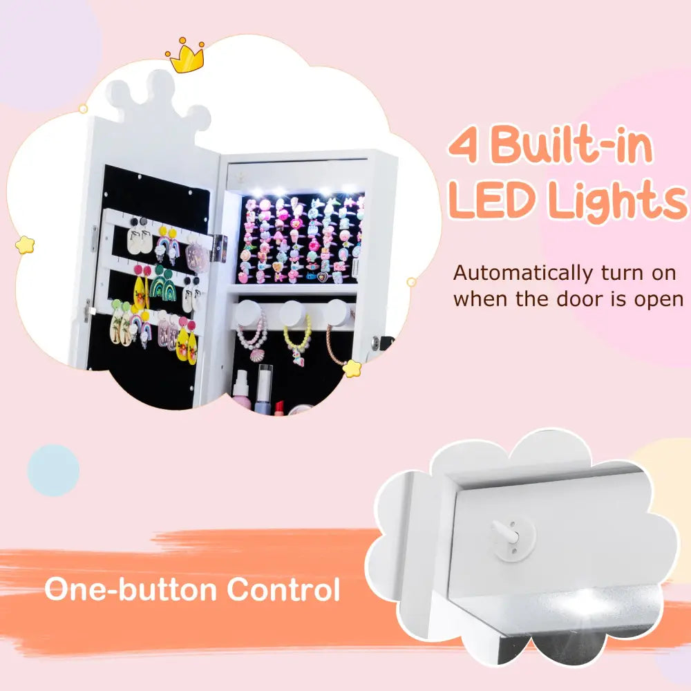 Kids Jewelry Armoire with 3-Color Lighted Full Length Mirror and Inside Led Lights-White - White - Kids Vanities