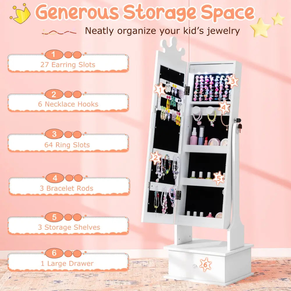 Kids Jewelry Armoire with 3-Color Lighted Full Length Mirror and Inside Led Lights-White - White - Kids Vanities