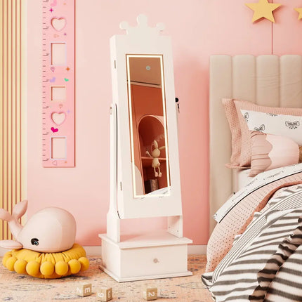 Kids Jewelry Armoire with 3-Color Lighted Full Length Mirror and Inside Led Lights-White - White - Kids Vanities