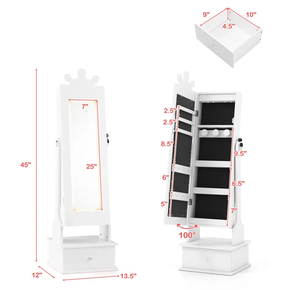 Kids Jewelry Armoire with 3-Color Lighted Full Length Mirror and Inside Led Lights-White - White - Kids Vanities