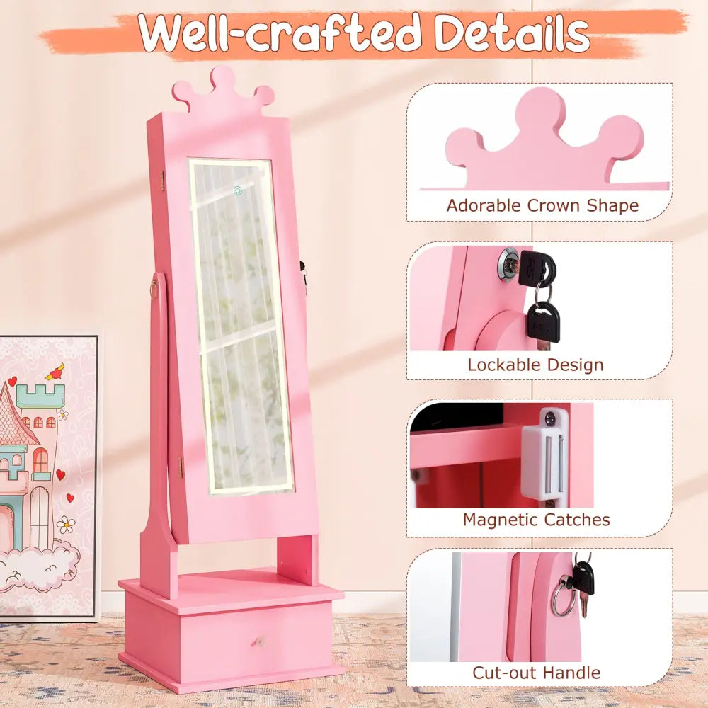 Kids Jewelry Armoire with 3-Color Lighted Full Length Mirror and Inside Led Lights-Pink - Pink - Kids Vanities