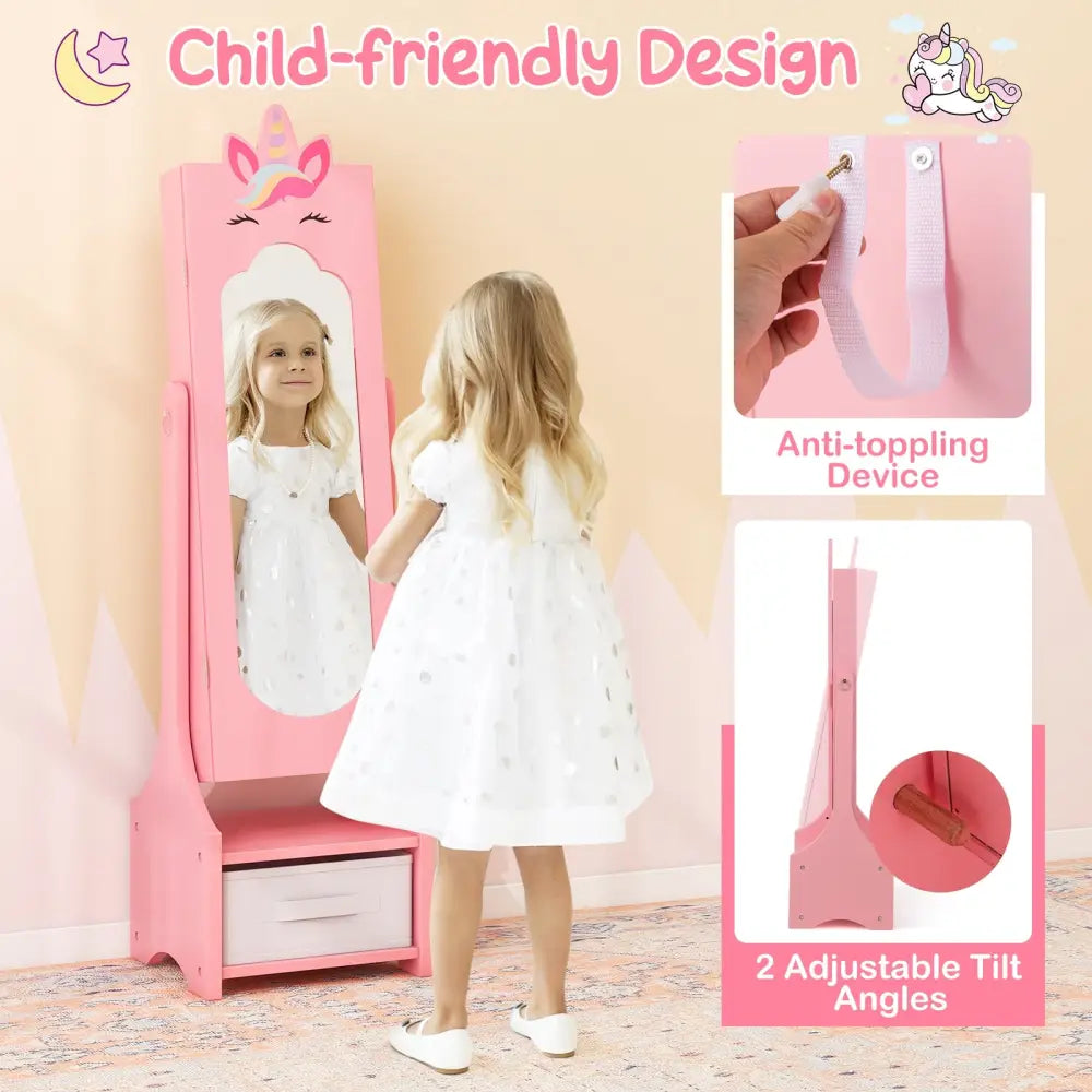 Kids Jewelry Cabinet with Full-Length Mirror for Kids Bedroom and Playroom-Pink - Pink - Kids Vanities