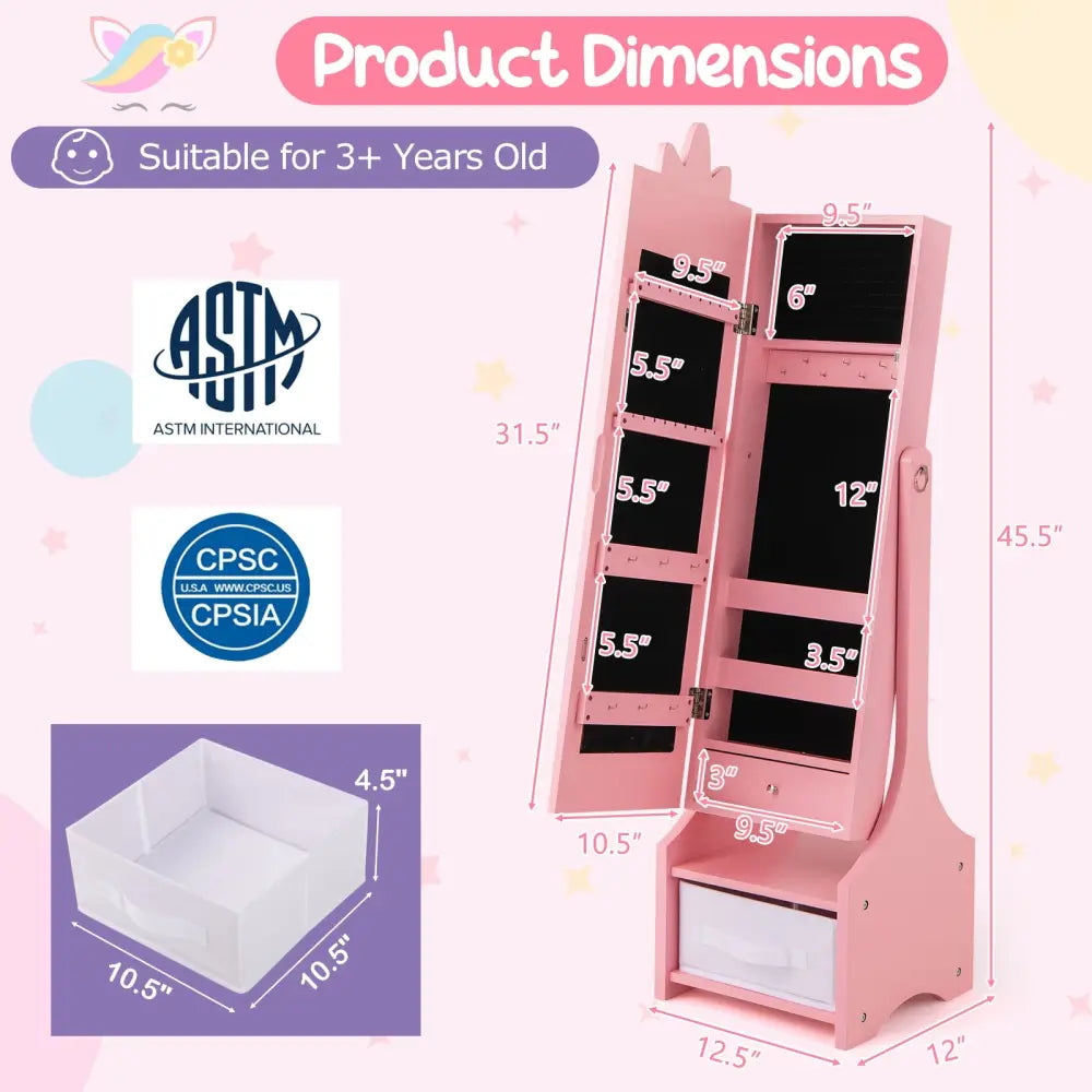 Kids Jewelry Cabinet with Full-Length Mirror for Kids Bedroom and Playroom-Pink - Pink - Kids Vanities