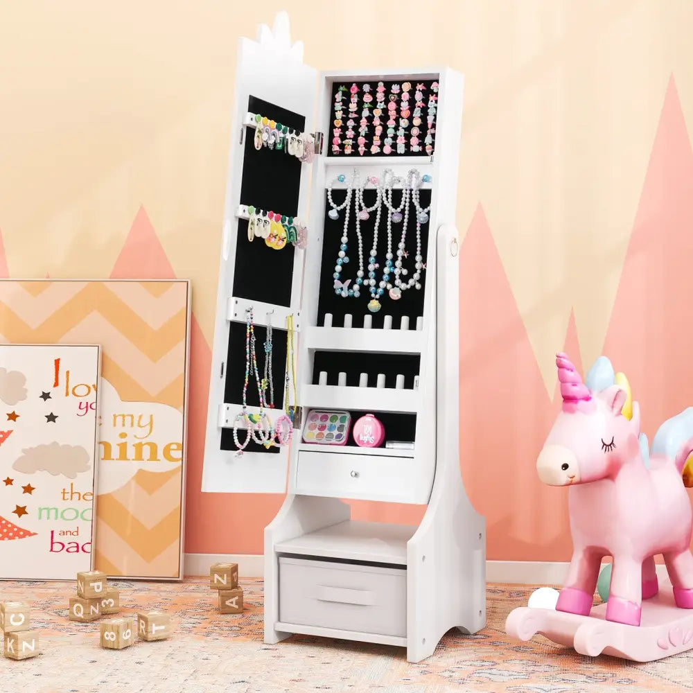 Kids Jewelry Cabinet with Full-Length Mirror for Kids Bedroom and Playroom-White - White - Kids Vanities