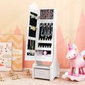 Kids Jewelry Cabinet with Full-Length Mirror for Kids Bedroom and Playroom-White - White - Kids Vanities