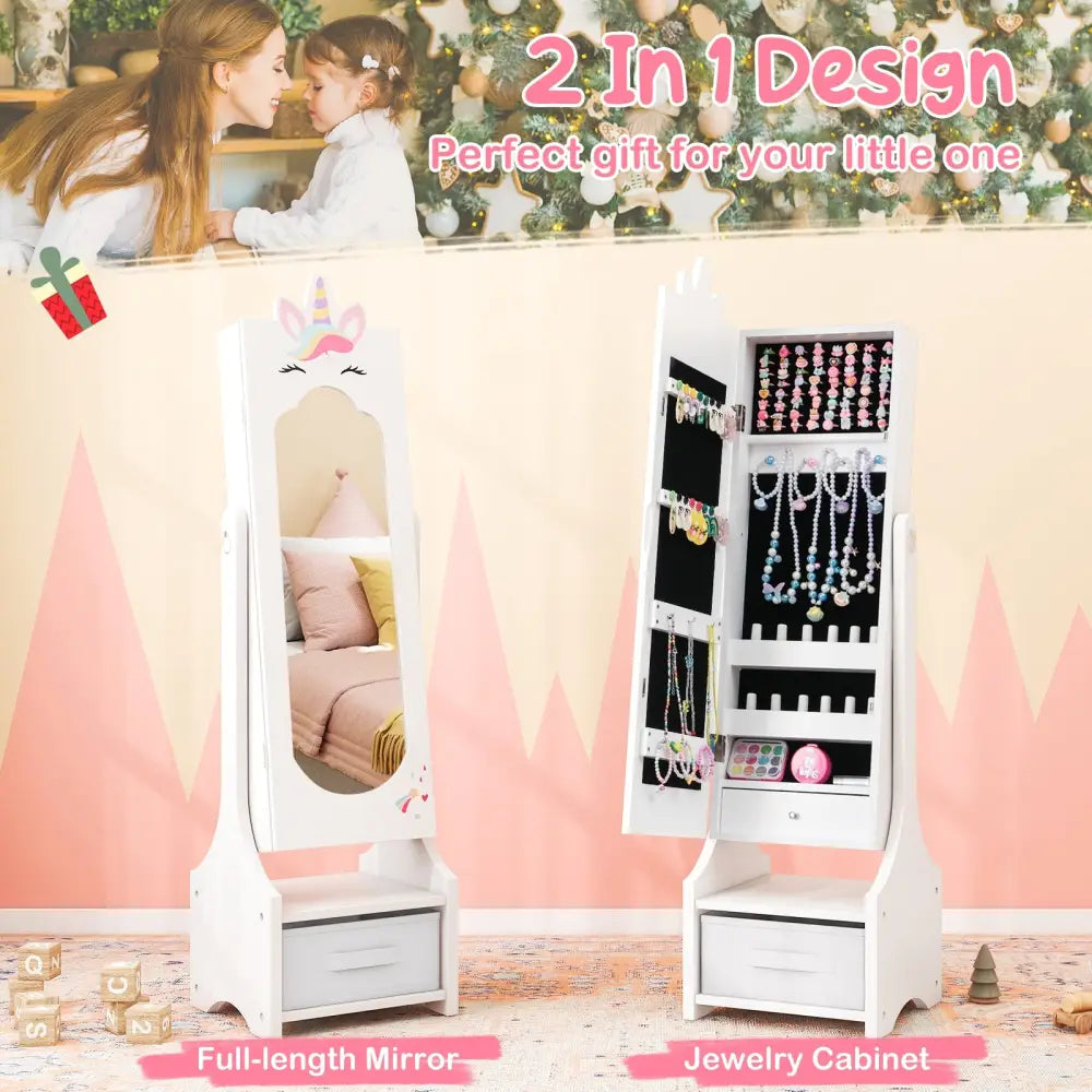 Kids Jewelry Cabinet with Full-Length Mirror for Kids Bedroom and Playroom-White - White - Kids Vanities