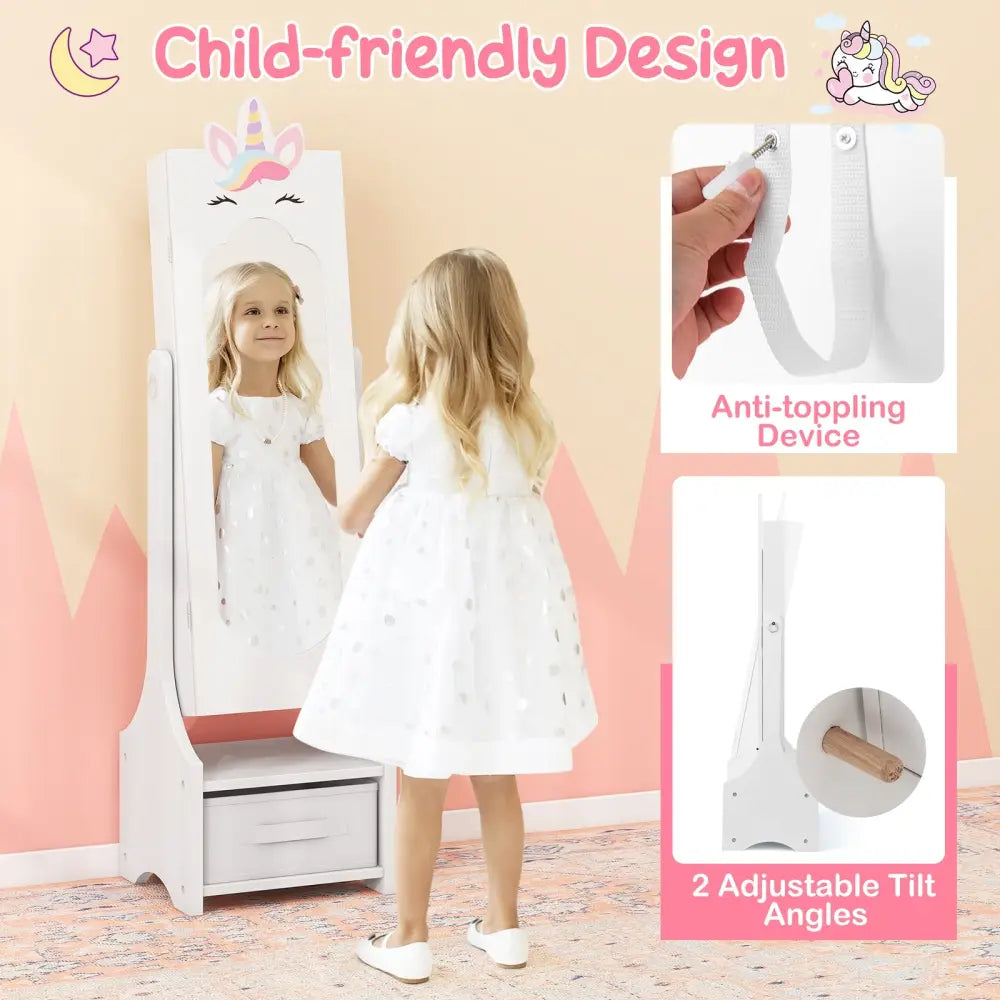 Kids Jewelry Cabinet with Full-Length Mirror for Kids Bedroom and Playroom-White - White - Kids Vanities