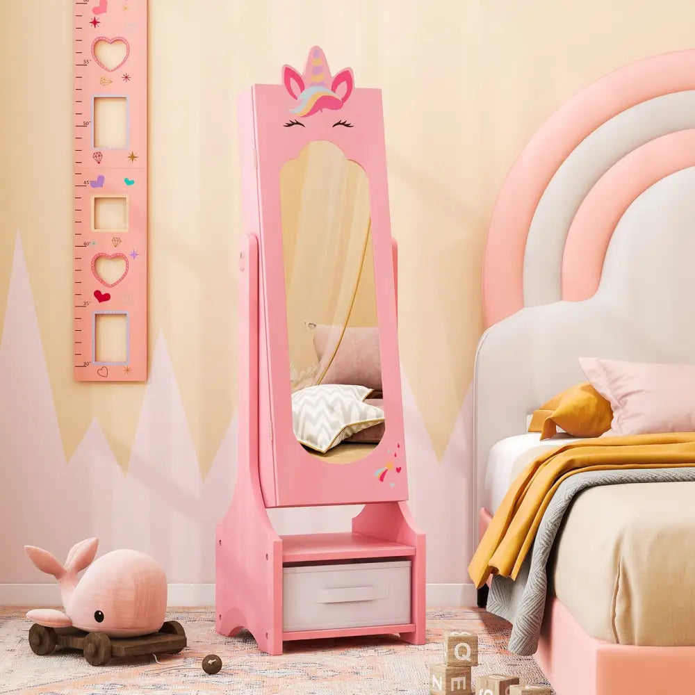 Kids Jewelry Cabinet with Full-Length Mirror for Kids Bedroom and Playroom-Pink - Pink - Kids Vanities