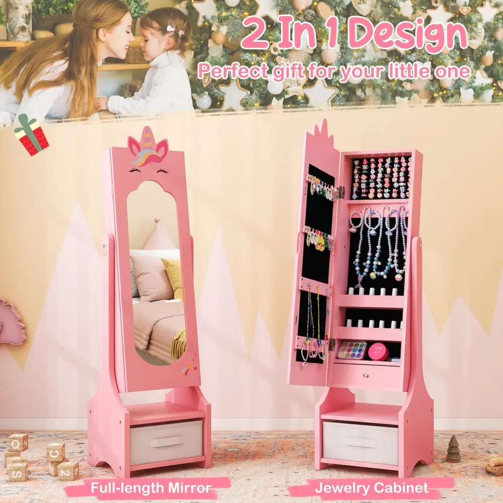 Kids Jewelry Cabinet with Full-Length Mirror for Kids Bedroom and Playroom-Pink - Pink - Kids Vanities