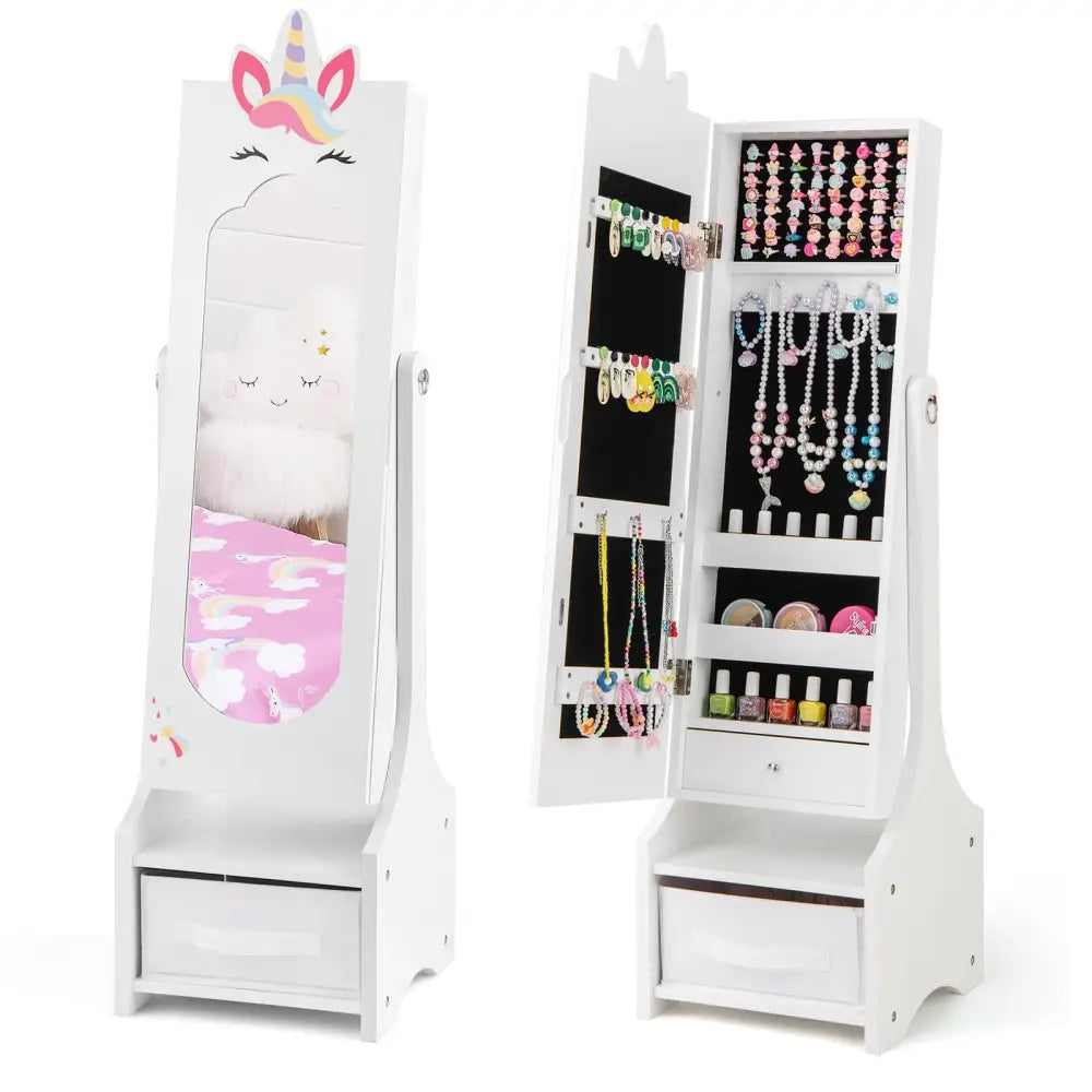 Kids Jewelry Cabinet with Full-Length Mirror for Kids Bedroom and Playroom-White - White - Kids Vanities