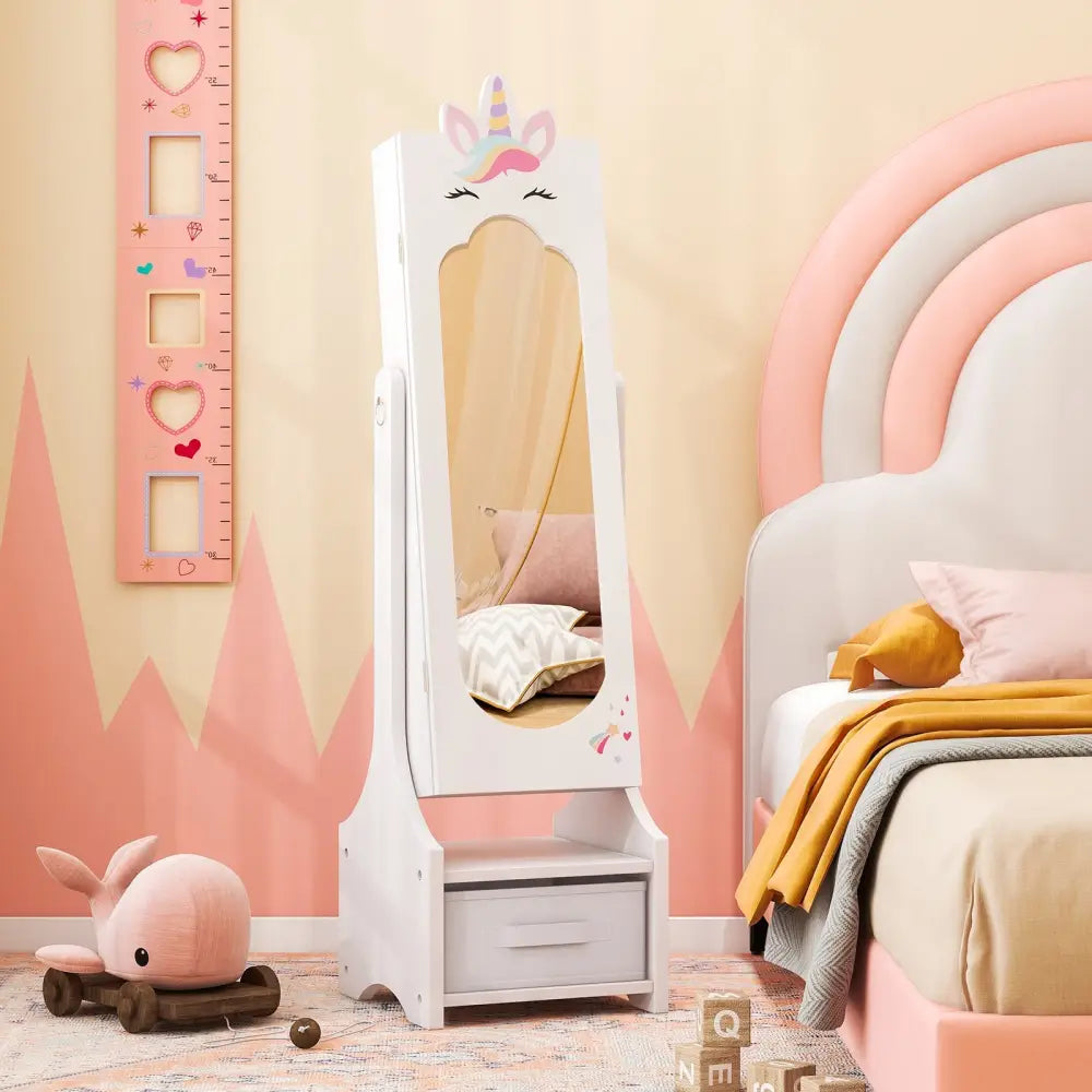Kids Jewelry Cabinet with Full-Length Mirror for Kids Bedroom and Playroom-White - White - Kids Vanities