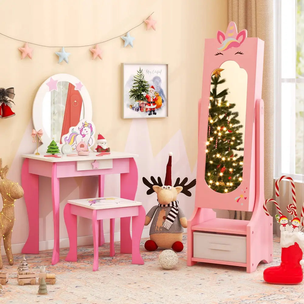 Kids Jewelry Cabinet with Full-Length Mirror for Kids Bedroom and Playroom-Pink - Pink - Kids Vanities