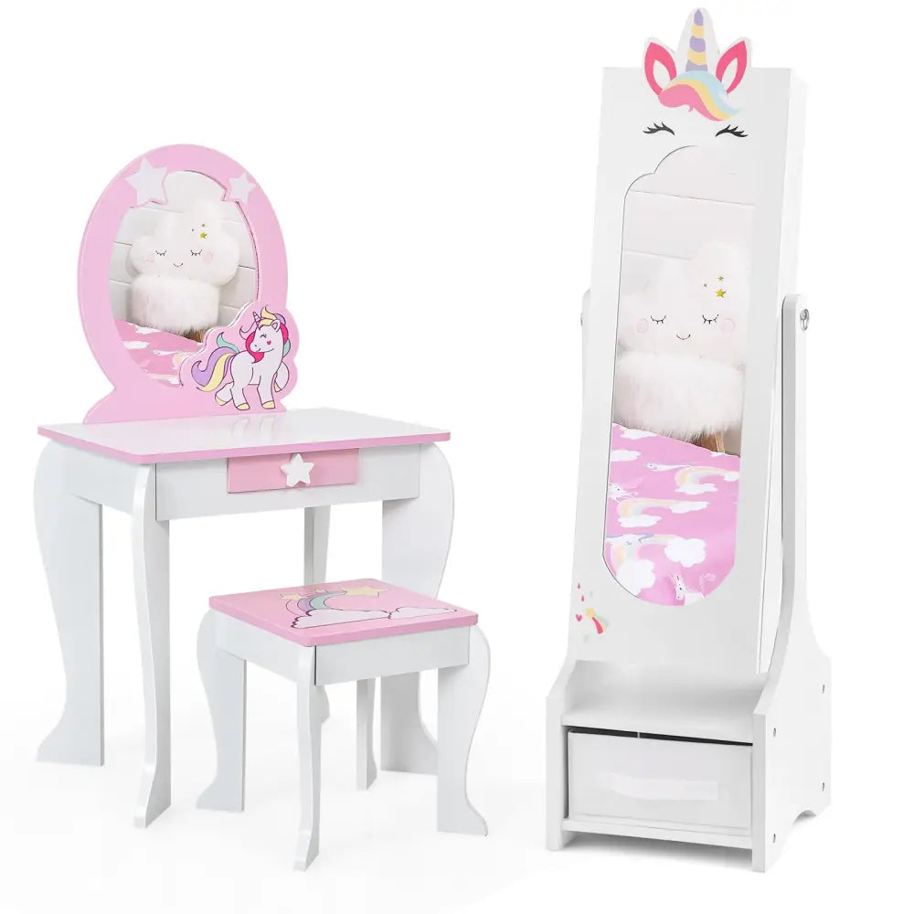 Kids Jewelry Cabinet with Full-Length Mirror for Kids Bedroom and Playroom-White - White - Kids Vanities