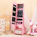 Kids Jewelry Cabinet with Full-Length Mirror for Kids Bedroom and Playroom-Pink - Pink - Kids Vanities