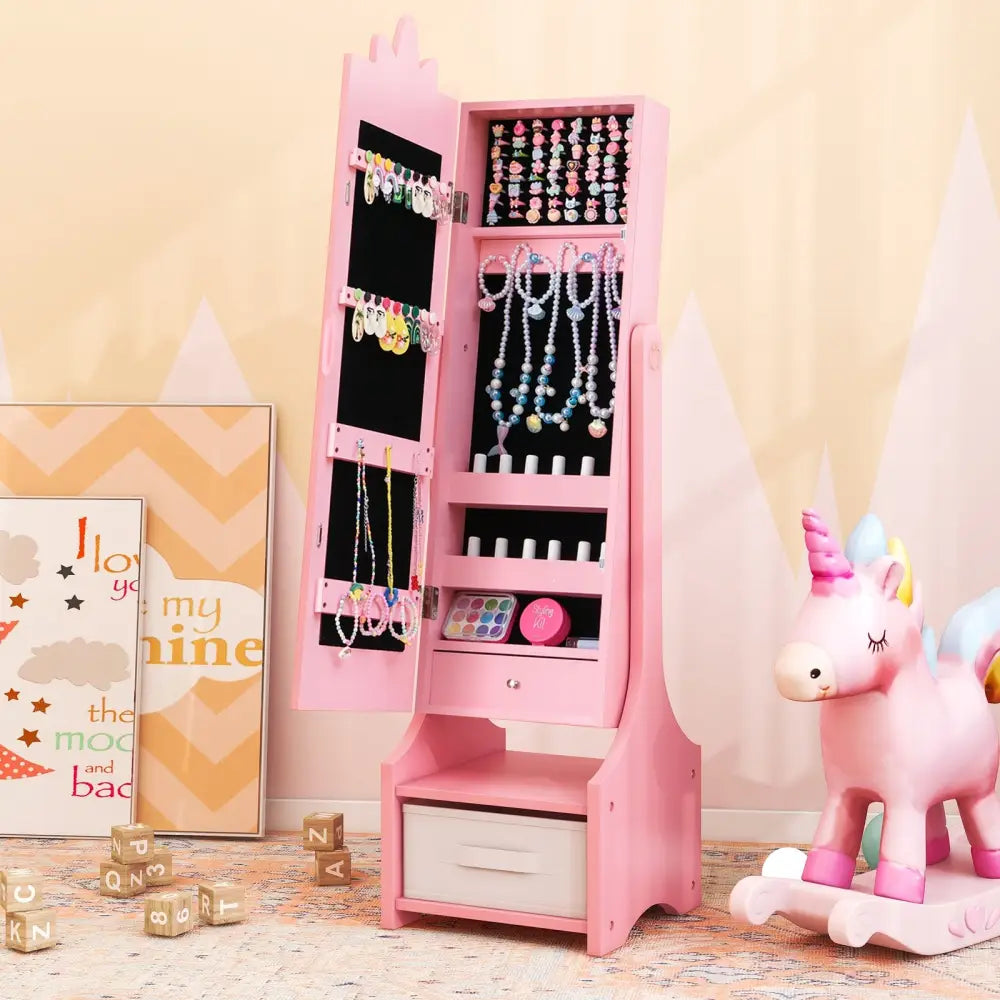 Kids Jewelry Cabinet with Full-Length Mirror for Kids Bedroom and Playroom-Pink - Pink - Kids Vanities