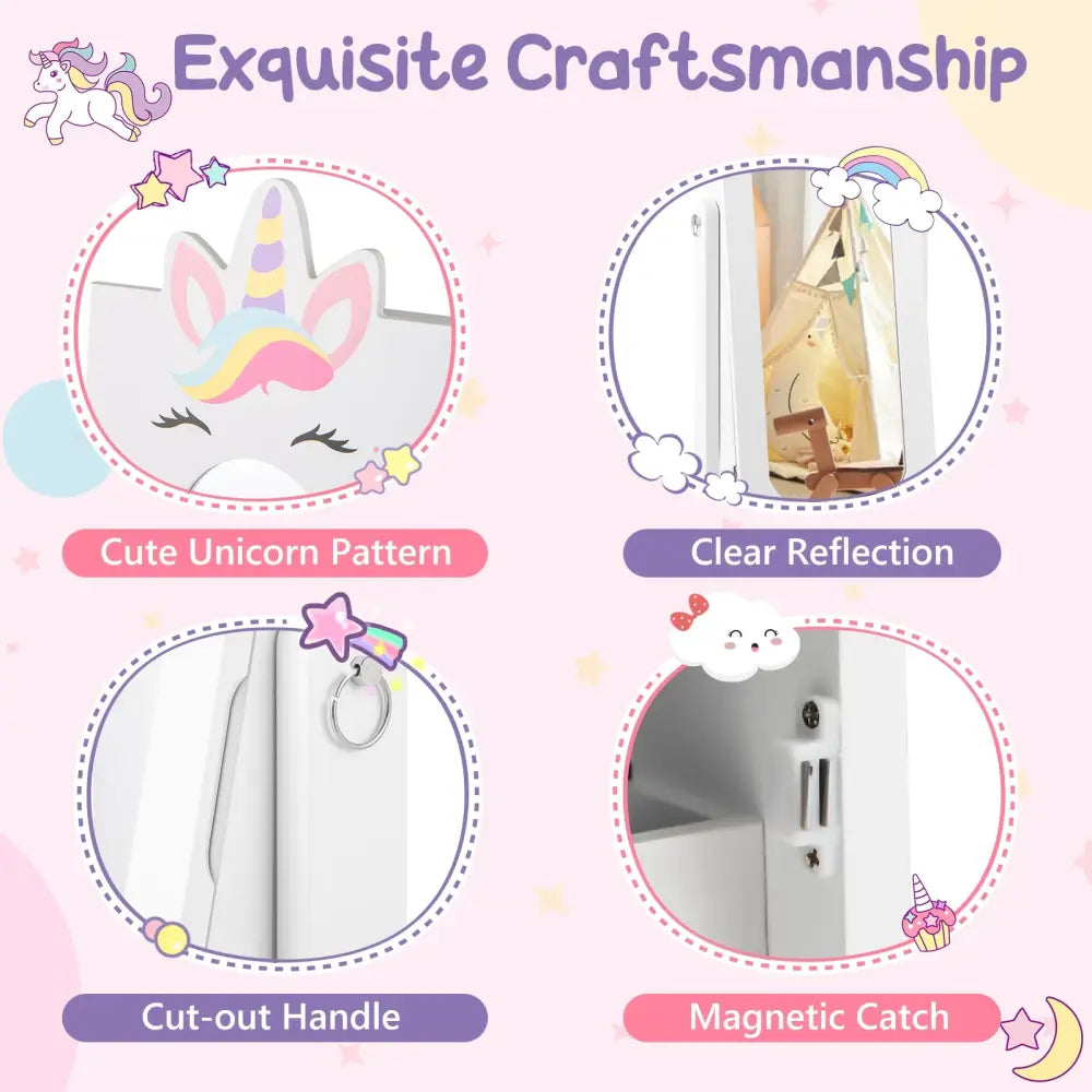 Kids Jewelry Cabinet with Full-Length Mirror for Kids Bedroom and Playroom-White - White - Kids Vanities