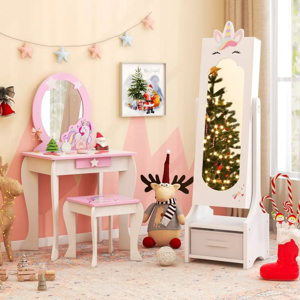 Kids Jewelry Cabinet with Full-Length Mirror for Kids Bedroom and Playroom-White - White - Kids Vanities