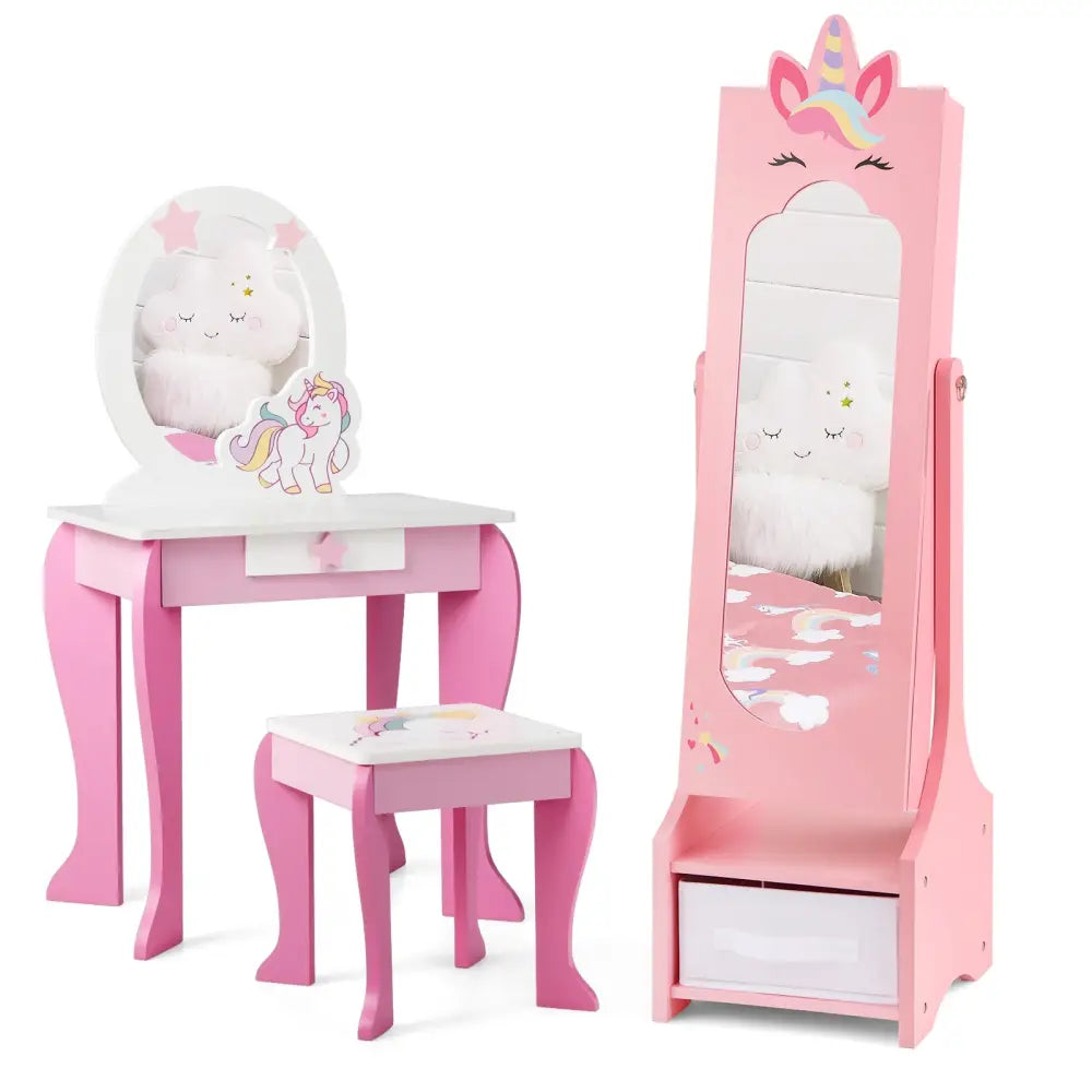 Kids Jewelry Cabinet with Full-Length Mirror for Kids Bedroom and Playroom-Pink - Pink - Kids Vanities