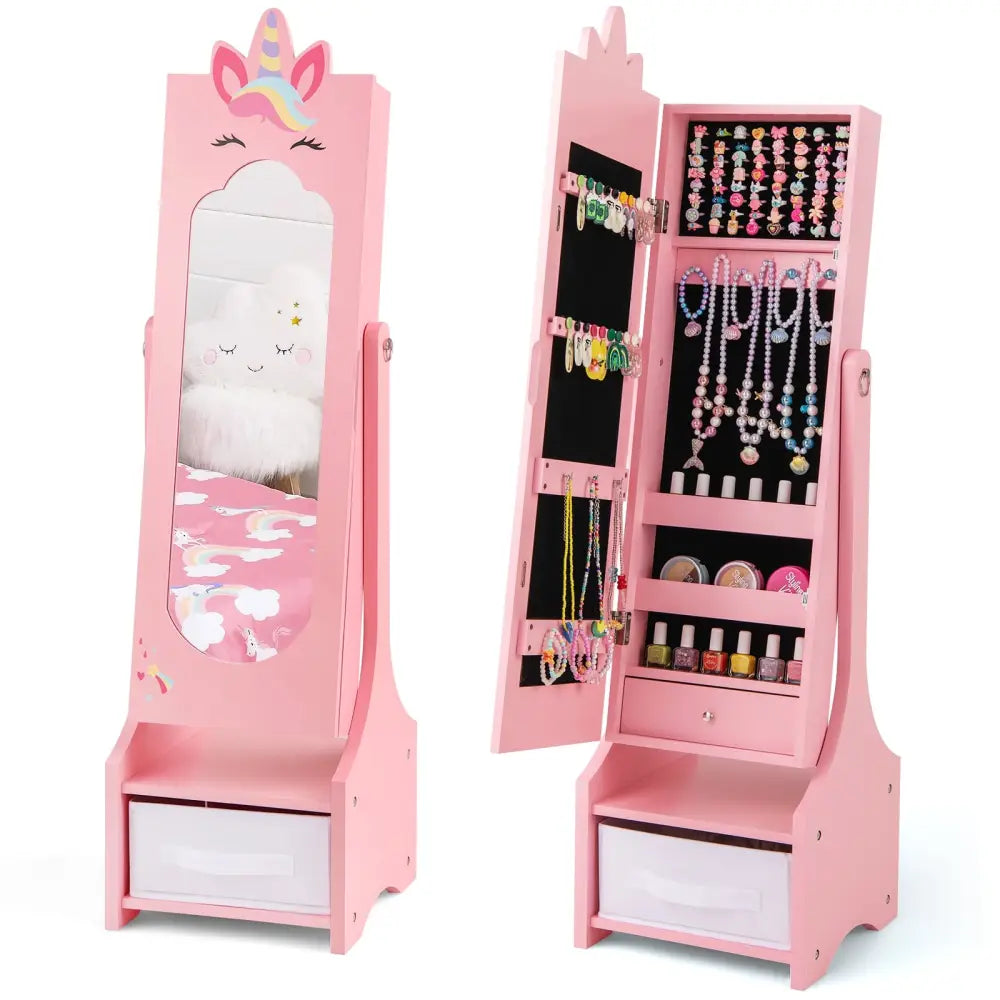 Kids Jewelry Cabinet with Full-Length Mirror for Kids Bedroom and Playroom-Pink - Pink - Kids Vanities