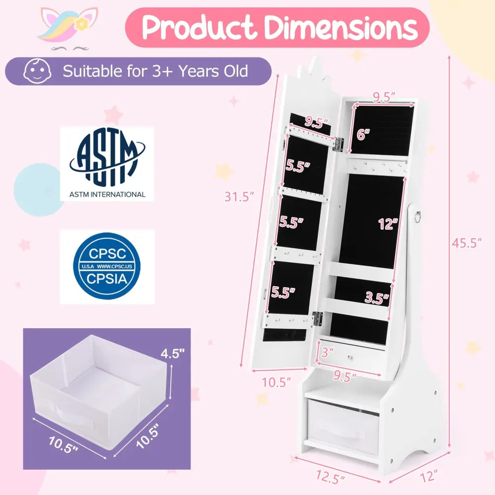 Kids Jewelry Cabinet with Full-Length Mirror for Kids Bedroom and Playroom-White - White - Kids Vanities