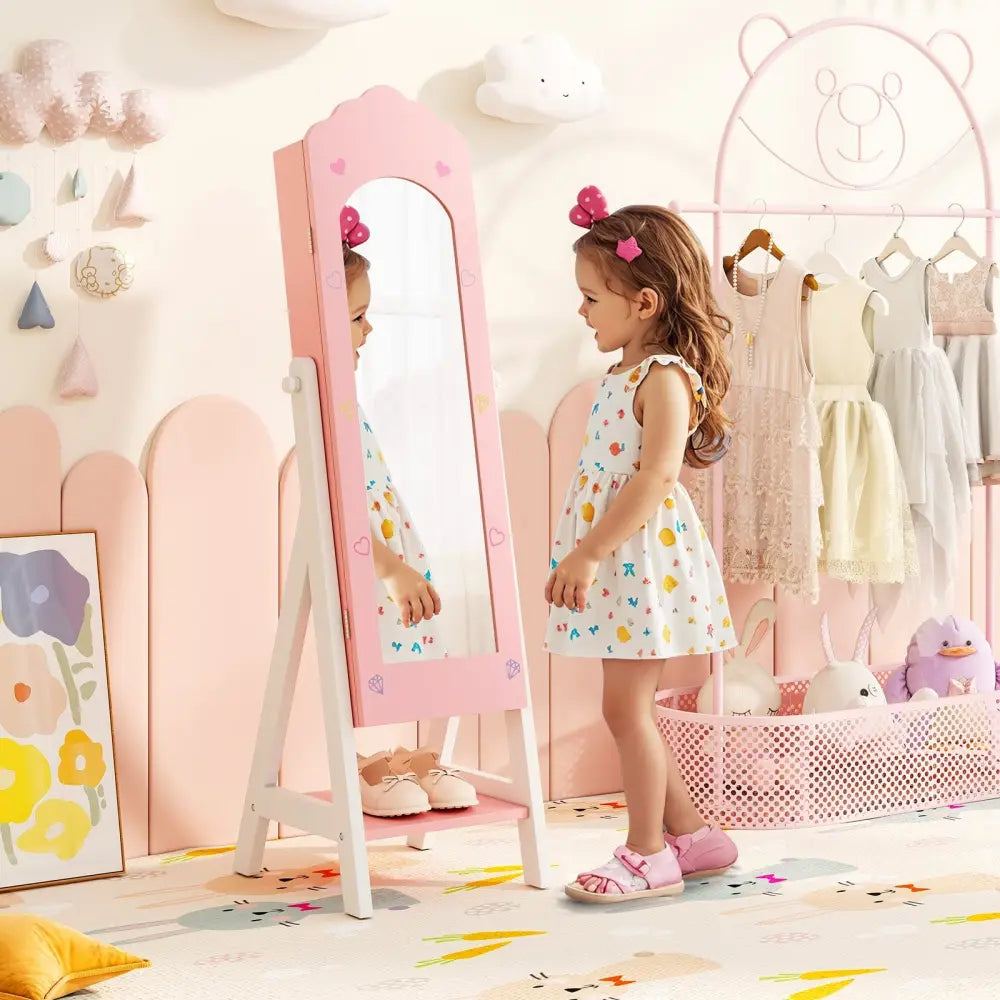 Kids Jewelry Organizer with Full Length Mirror Drawers and Storage Shelves-Pink - Pink - Kids Vanities