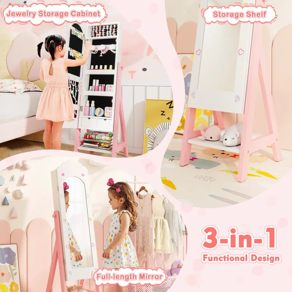 Kids Jewelry Organizer with Full Length Mirror Drawers and Storage Shelves-White - White - Kids Vanities