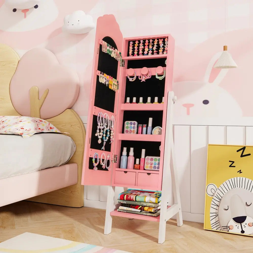 Kids Jewelry Organizer with Full Length Mirror Drawers and Storage Shelves-Pink - Pink - Kids Vanities