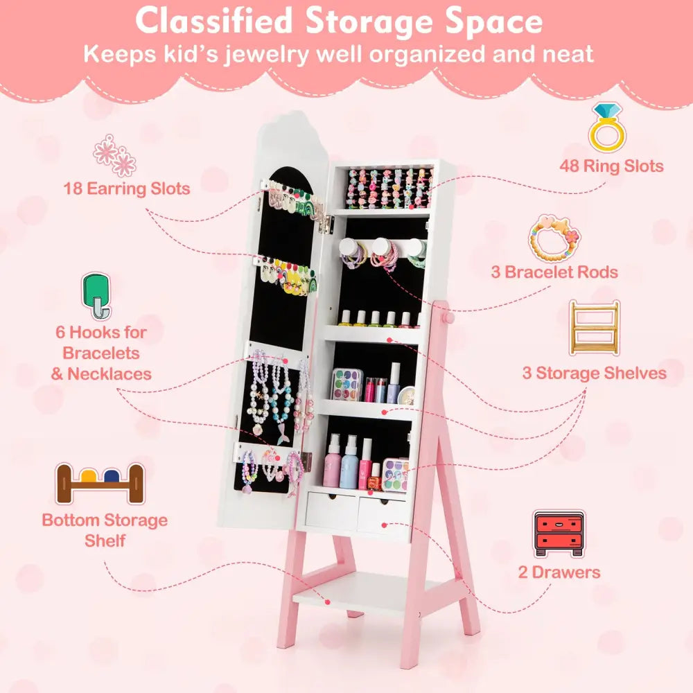 Kids Jewelry Organizer with Full Length Mirror Drawers and Storage Shelves-White - White - Kids Vanities