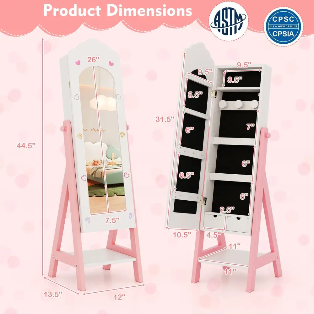 Kids Jewelry Organizer with Full Length Mirror Drawers and Storage Shelves-White - White - Kids Vanities