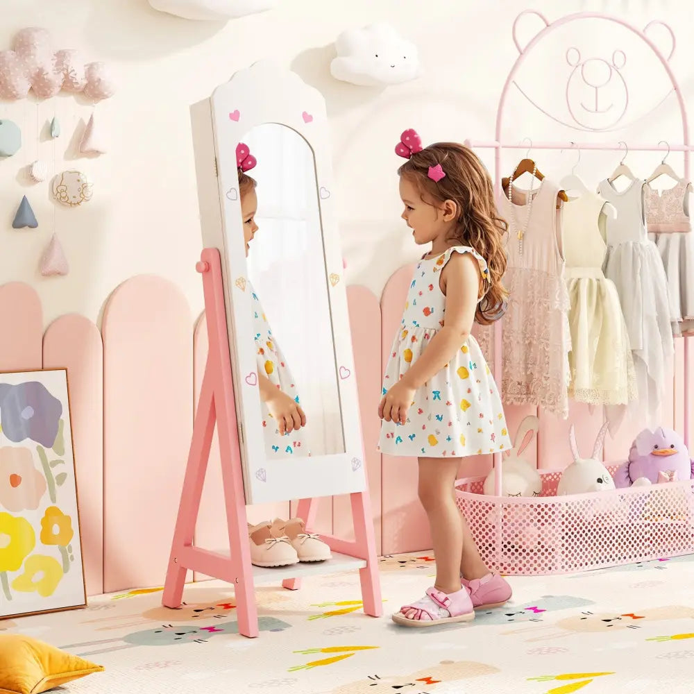 Kids Jewelry Organizer with Full Length Mirror Drawers and Storage Shelves-White - White - Kids Vanities