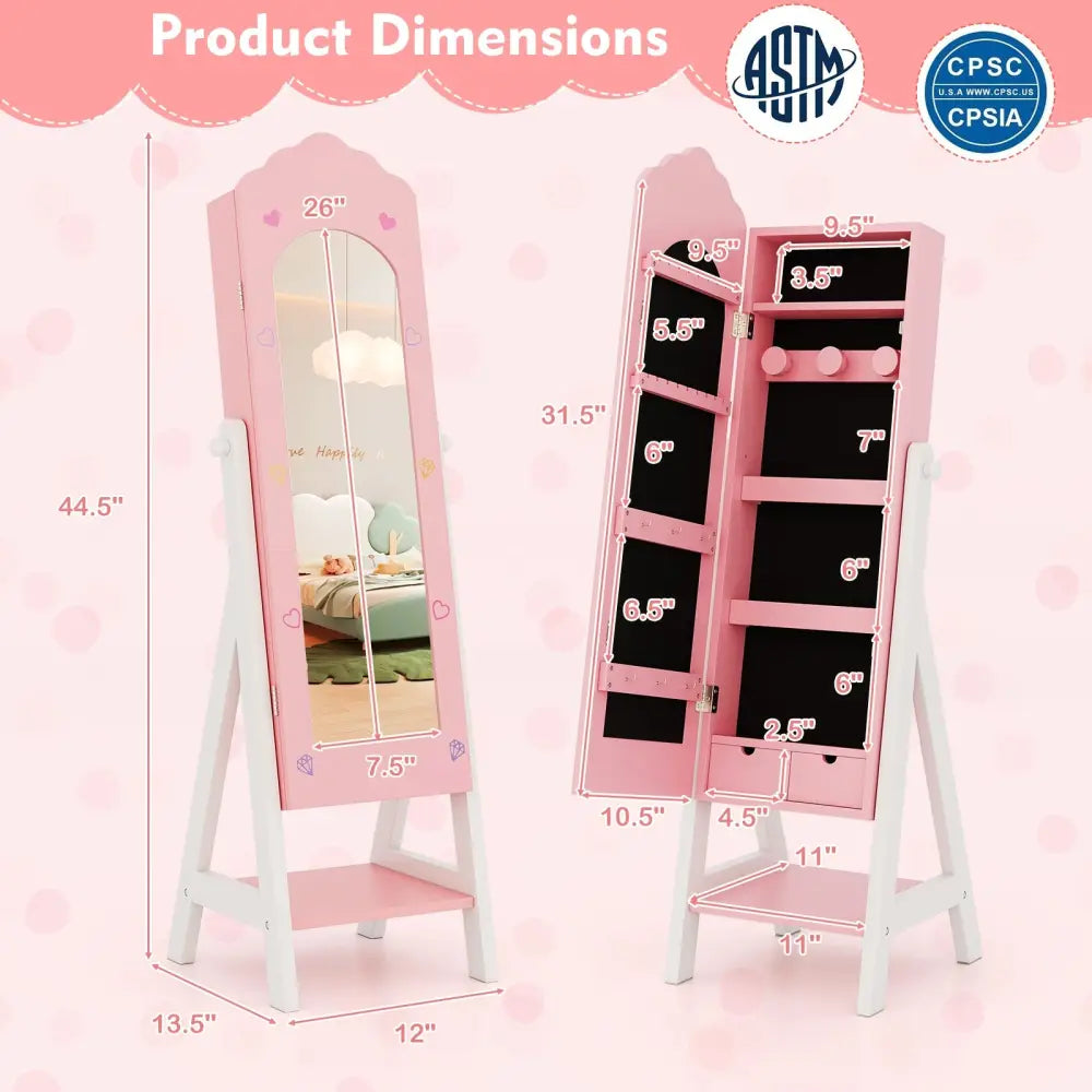 Kids Jewelry Organizer with Full Length Mirror Drawers and Storage Shelves-Pink - Pink - Kids Vanities