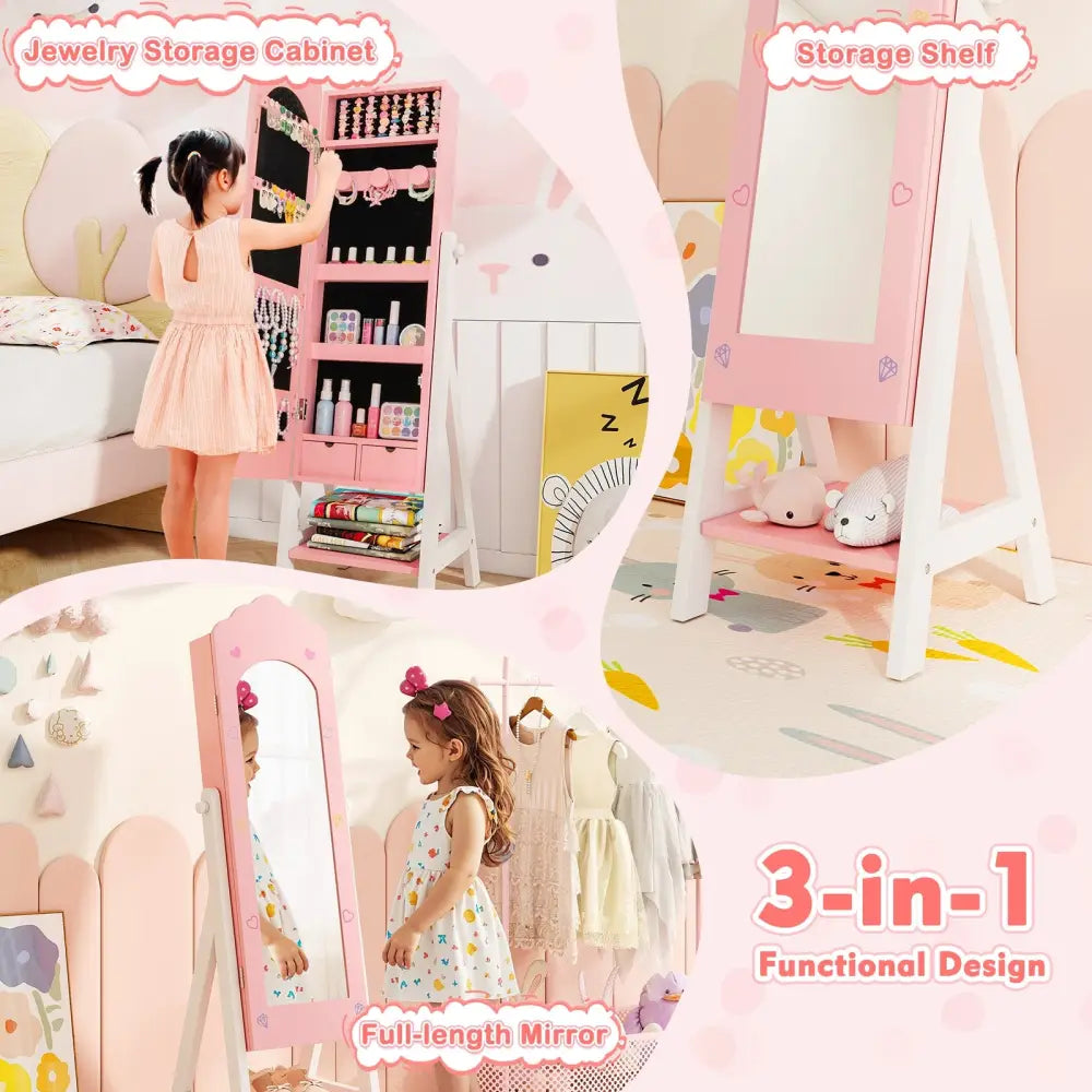 Kids Jewelry Organizer with Full Length Mirror Drawers and Storage Shelves-Pink - Pink - Kids Vanities