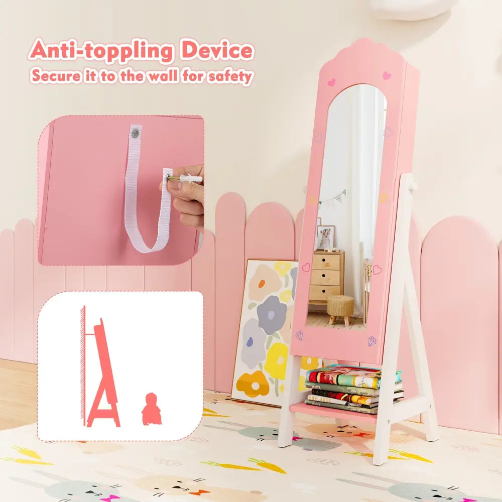 Kids Jewelry Organizer with Full Length Mirror Drawers and Storage Shelves-Pink - Pink - Kids Vanities