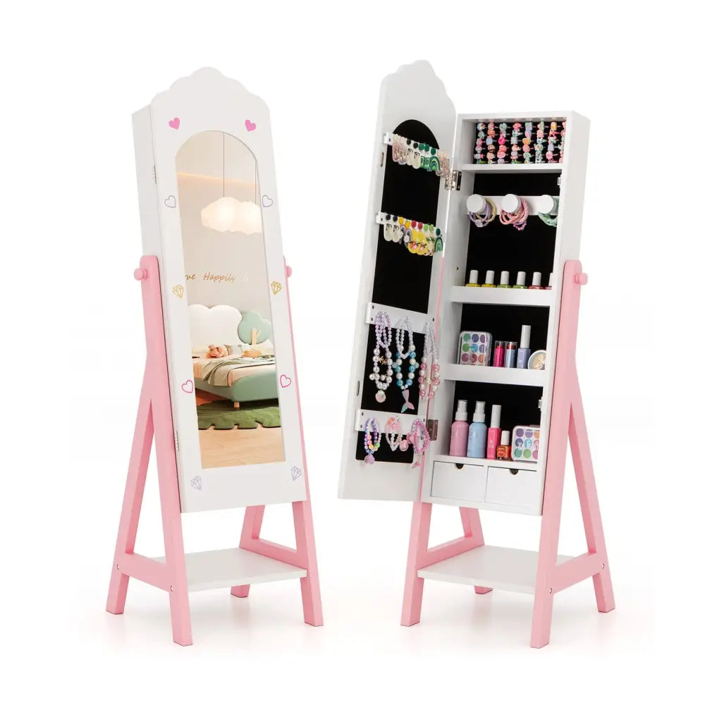 Kids Jewelry Organizer with Full Length Mirror Drawers and Storage Shelves-White - White - Kids Vanities
