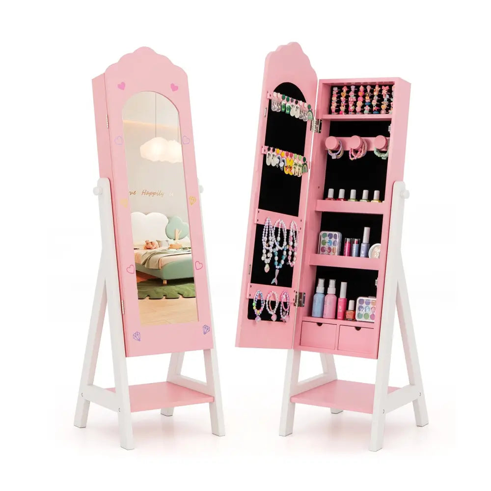 Kids Jewelry Organizer with Full Length Mirror Drawers and Storage Shelves-Pink - Pink - Kids Vanities