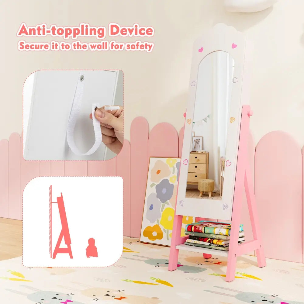 Kids Jewelry Organizer with Full Length Mirror Drawers and Storage Shelves-White - White - Kids Vanities