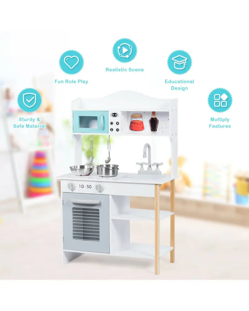Kids Kitchen Cookware Pretend Cooking Food Play Set - Gray & White - Play Kitchen Sets
