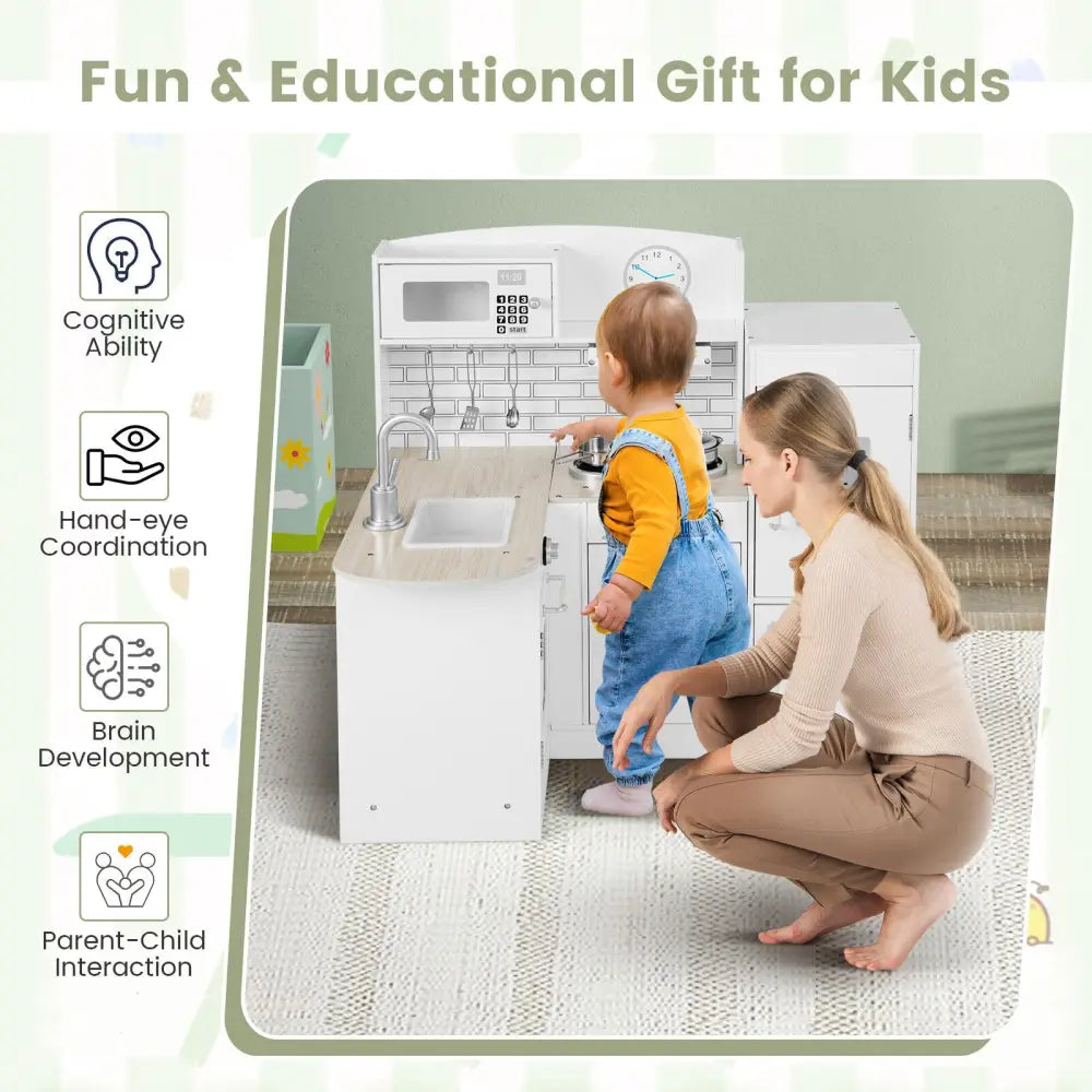 Kids Kitchen Playset Conor Kitchen Toy with Realistic Microwave and Oven Stove-Black & White - Natural - Play Kitchen