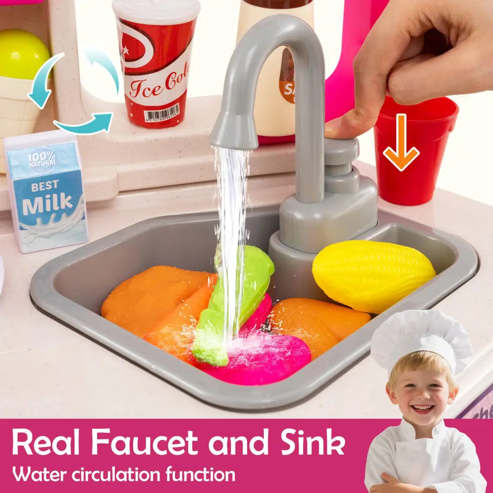 Kids Kitchen Playset Corner Play Kitchen with Realistic Sounds and Lights-Pink - Pink - Baby & Kids