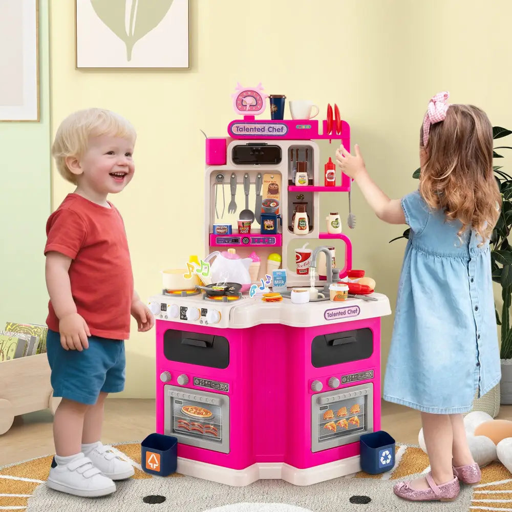 Kids Kitchen Playset Corner Play Kitchen with Realistic Sounds and Lights-Pink - Pink - Baby & Kids