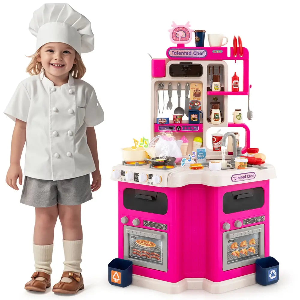 Kids Kitchen Playset Corner Play Kitchen with Realistic Sounds and Lights-Pink - Pink - Baby & Kids