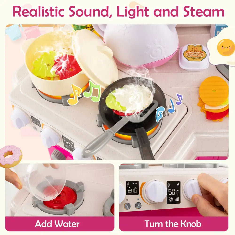 Kids Kitchen Playset Corner Play Kitchen with Realistic Sounds and Lights-Pink - Pink - Baby & Kids