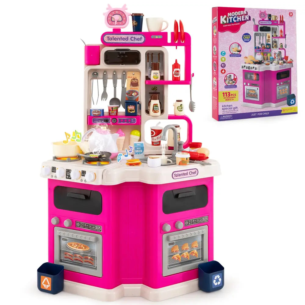 Kids Kitchen Playset Corner Play Kitchen with Realistic Sounds and Lights-Pink - Pink - Baby & Kids